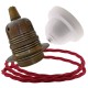 Pendant Kit with Applied White Bakelite Ceiling cup E27 Antique Brass Finish Lampholder and Bright Red Flex