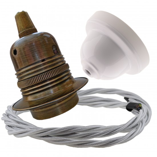 Pendant Kit with Applied White Bakelite Ceiling cup E27 Antique Brass Finish Lampholder and Silver Flex
