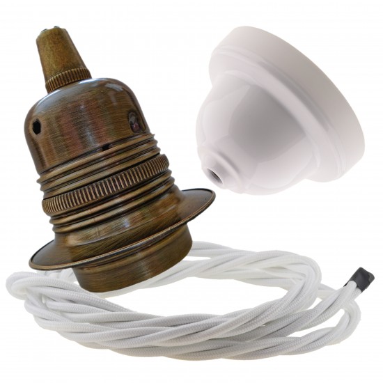 Pendant Kit with Applied White Bakelite Ceiling cup E27 Antique Brass Finish Lampholder and White Flex