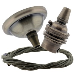 Small Antique Brass Ceiling Pendant Kit and B22 Lampholder with Khaki Green Flex Small Antique Brass Ceiling Pendant Kit and B22 Lampholder with Khaki Green Flex