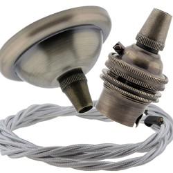 Small Antique Brass Ceiling Pendant Kit and B22 Lampholder with Silver Flex