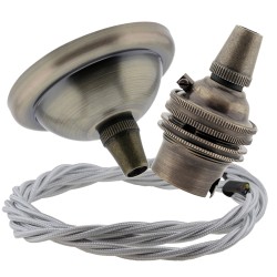 Small Antique Brass Ceiling Pendant Kit and B22 Lampholder with Silver Flex