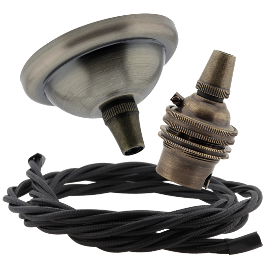 Small Antique Brass Ceiling Pendant Kit and B22 Lampholder with Black Flex Small Antique Brass Ceiling Pendant Kit and B22 Lampholder with Black Flex