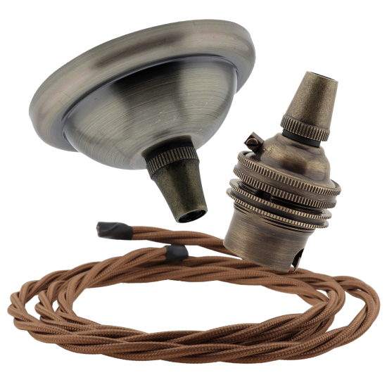 Small Antique Brass Ceiling Pendant Kit & B22 Lampholder with Bronze Flex Small Antique Brass Ceiling Pendant Kit & B22 Lampholder with Bronze Flex