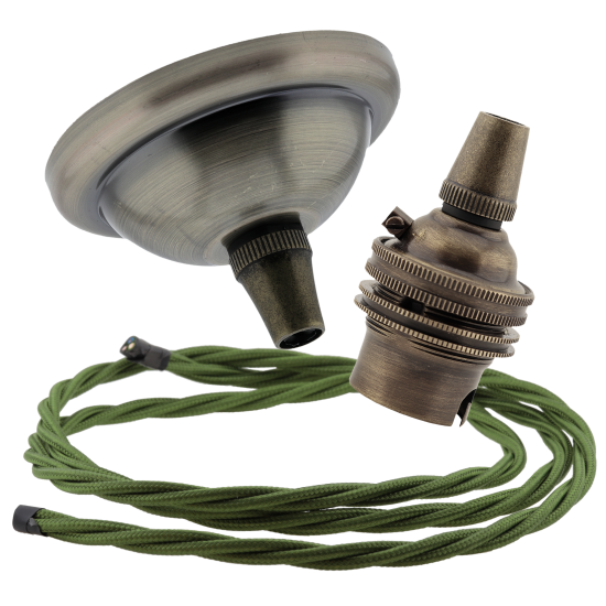 Small Antique Brass Ceiling Pendant Kit and B22 Lampholder with Green Flex Small Antique Brass Ceiling Pendant Kit and B22 Lampholder with Green Flex