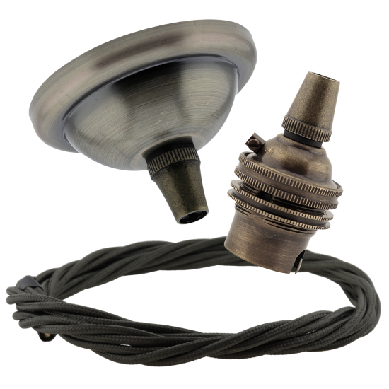 Small Antique Brass Ceiling Pendant Kit and B22 Lampholder with Khaki Green Flex Small Antique Brass Ceiling Pendant Kit and B22 Lampholder with Khaki Green Flex