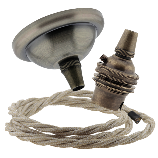 Small Antique Brass Ceiling Pendant Kit & B22 Lampholder with Linen Flex Small Antique Brass Ceiling Pendant Kit & B22 Lampholder with Linen Flex