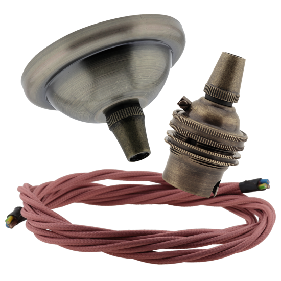 Small Antique Brass Ceiling Pendant Kit and B22 Lampholder with Dusky Pink Flex Small Antique Brass Ceiling Pendant Kit and B22 Lampholder with Dusky Pink Flex
