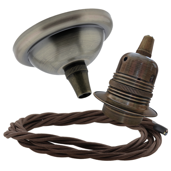Small Antique Brass Ceiling Pendant Kit & E27 Lampholder with Mocha Brown Flex Small Antique Brass Ceiling Pendant Kit & E27 Lampholder with Mocha Brown Flex