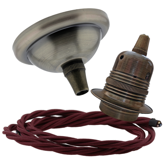 Small Antique Brass Ceiling Pendant Kit and E27 Lampholder with Rich Burgundy Flex Small Antique Brass Ceiling Pendant Kit and E27 Lampholder with Rich Burgundy Flex