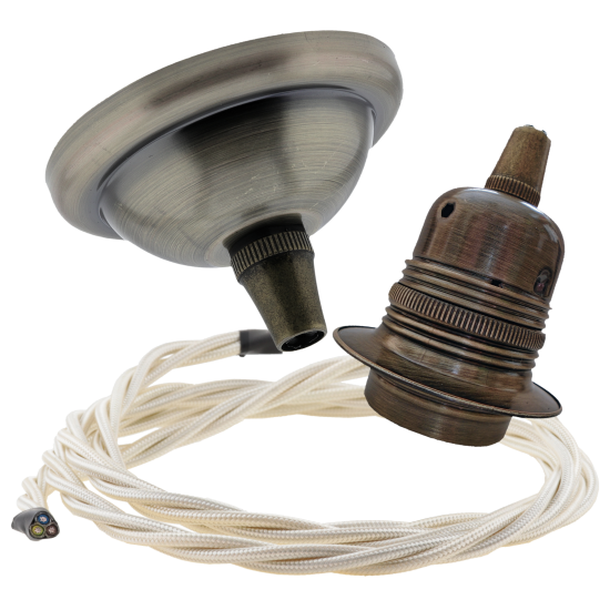 Small Antique Brass Ceiling Pendant Kit and E27 Lampholder with Classic Ivory Flex Small Antique Brass Ceiling Pendant Kit and E27 Lampholder with Classic Ivory Flex