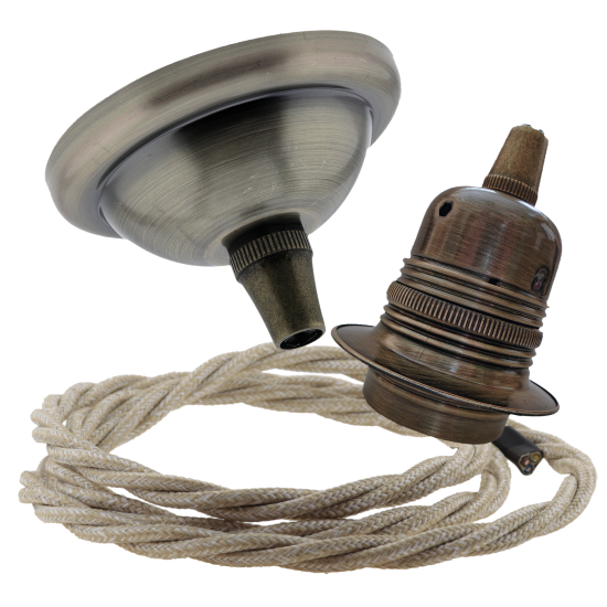 Small Antique Brass Ceiling Pendant Kit and E27 Lampholder with Linen Flex Small Antique Brass Ceiling Pendant Kit and E27 Lampholder with Linen Flex