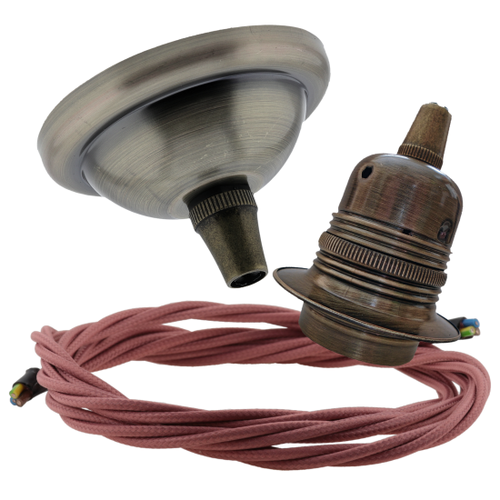 Small Antique Brass Ceiling Pendant Kit and E27 Lampholder with Dusky Pink Flex Small Antique Brass Ceiling Pendant Kit and E27 Lampholder with Dusky Pink Flex