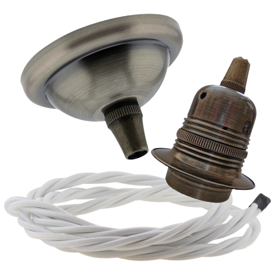 Small Antique Brass Ceiling Pendant Kit and E27 Lampholder with White Flex Small Antique Brass Ceiling Pendant Kit and E27 Lampholder with White Flex