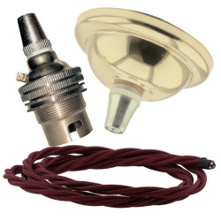 Small Brass Effect Ceiling Pendant Kit and B22 Brass Lampholder with Rich Burgundy Flex Small Brass Effect Ceiling Pendant Kit and B22 Brass Lampholder with Rich Burgundy Flex