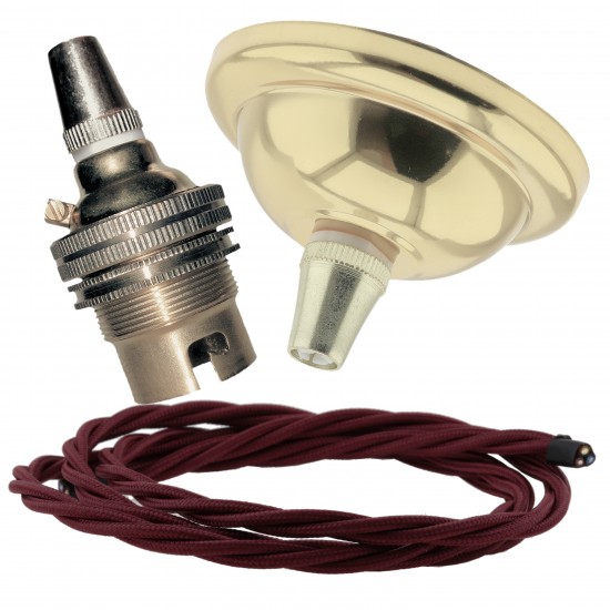 Small Brass Effect Ceiling Pendant Kit and B22 Brass Lampholder with Rich Burgundy Flex
