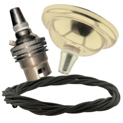 Small Brass Effect Ceiling Pendant Kit and B22 Brass Lampholder with Khaki Green Flex Small Brass Effect Ceiling Pendant Kit and B22 Brass Lampholder with Khaki Green Flex