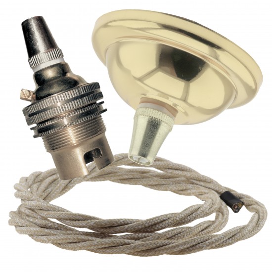 Small Brass Effect Ceiling Pendant Kit and B22 Brass Lampholder with Linen Flex