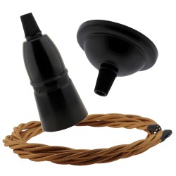 Small Black Period Ceiling Pendant Kit with B22 Black Bakelite Lampholder and Antique Gold Flex
