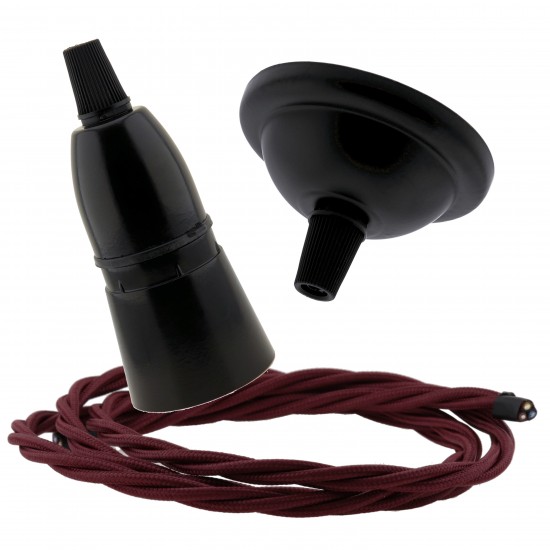 Small Black Period Ceiling Pendant Kit with B22 Black Bakelite Lampholder and Rich Burgundy Flex