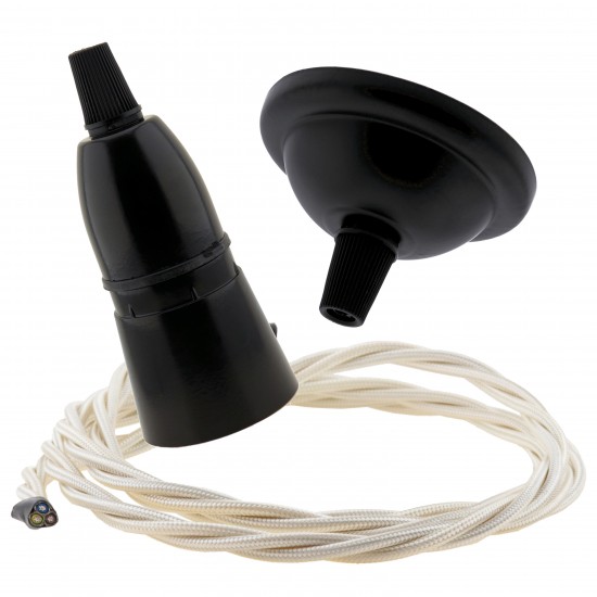 Small Black Period Ceiling Pendant Kit with B22 Black Bakelite Lampholder and Classic Ivory Flex