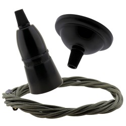 Small Black Period Ceiling Pendant Kit with B22 Black Bakelite Lampholder and Khaki Green Flex