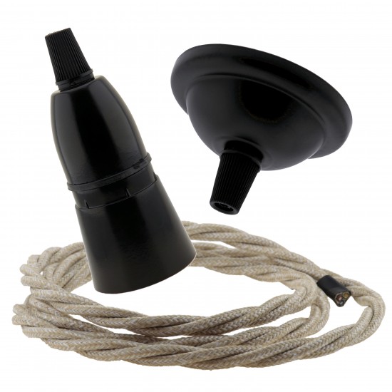 Small Black Period Ceiling Pendant Kit with B22 Black Bakelite Lampholder and Linen Flex Small Black Period Ceiling Pendant Kit with B22 Black Bakelite Lampholder and Linen Flex