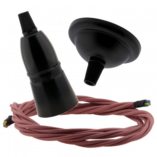 Small Black Period Ceiling Pendant Kit with B22 Black Bakelite Lampholder and Dusky Pink Flex Small Black Period Ceiling Pendant Kit with B22 Black Bakelite Lampholder and Dusky Pink Flex