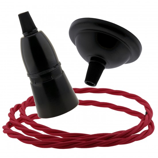 Small Black Period Ceiling Pendant Kit with B22 Black Bakelite Lampholder and Bright Red Flex