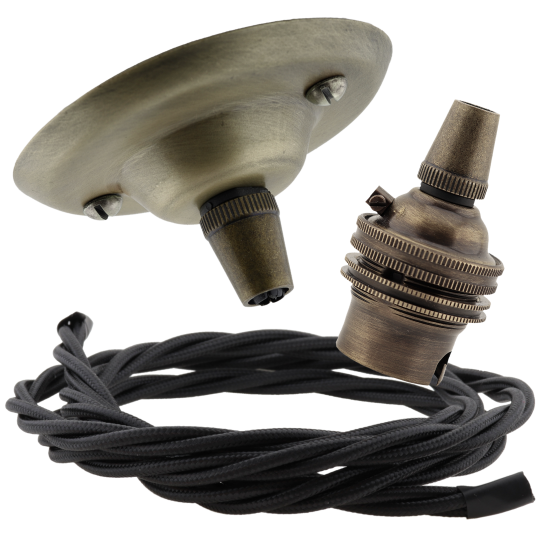 Antique Brass Ceiling Pendant Kit & B22 Lampholder with Black Flex Antique Brass Ceiling Pendant Kit & B22 Lampholder with Black Flex