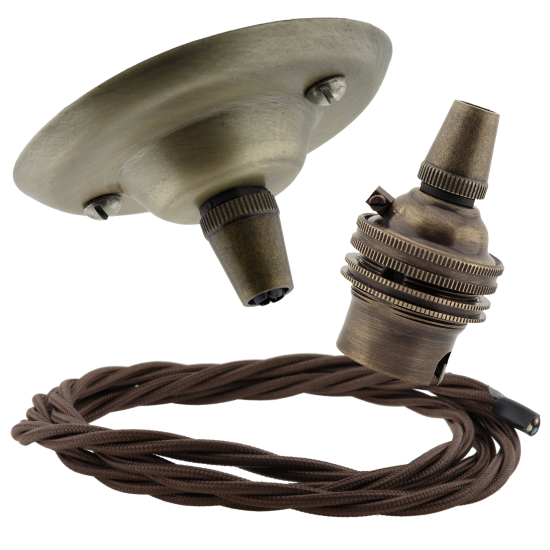 Antique Brass Ceiling Pendant Kit and B22 Lampholder with Mocha Brown Flex Antique Brass Ceiling Pendant Kit and B22 Lampholder with Mocha Brown Flex
