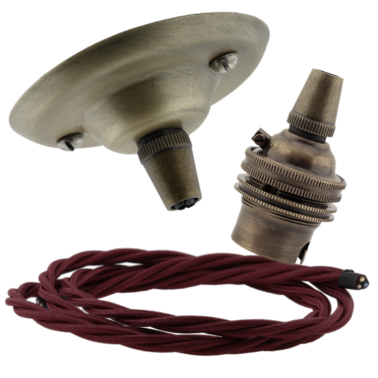 Antique Brass Ceiling Pendant Kit and B22 Lampholder with Rich Burgundy Flex Antique Brass Ceiling Pendant Kit and B22 Lampholder with Rich Burgundy Flex