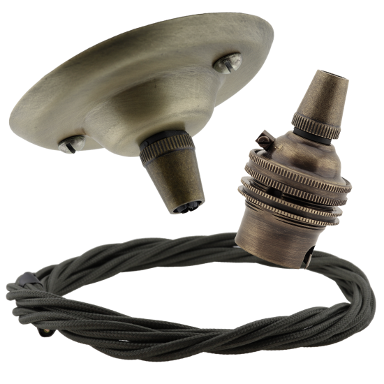 Antique Brass Ceiling Pendant Kit and B22 Lampholder with Khaki Green Flex Antique Brass Ceiling Pendant Kit and B22 Lampholder with Khaki Green Flex