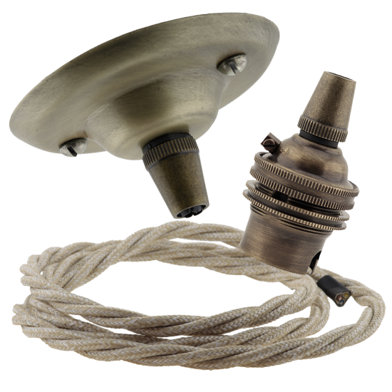 Antique Brass Ceiling Pendant Kit and B22 Lampholder with Linen Flex Antique Brass Ceiling Pendant Kit and B22 Lampholder with Linen Flex