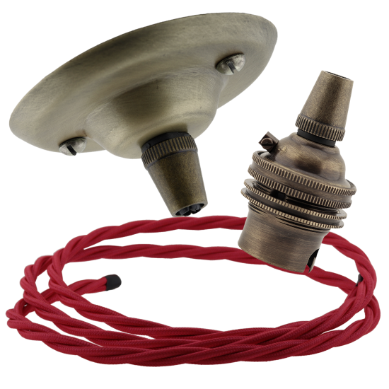 Antique Brass Ceiling Pendant Kit & B22 Lampholder with Bright Red Flex Antique Brass Ceiling Pendant Kit & B22 Lampholder with Bright Red Flex