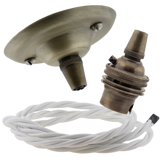 Antique Brass Ceiling Pendant Kit and B22 Lampholder with White Flex Antique Brass Ceiling Pendant Kit and B22 Lampholder with White Flex