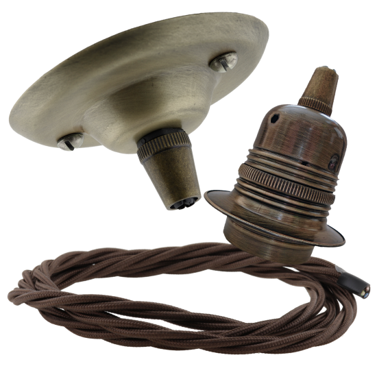 Antique Brass Ceiling Pendant Kit and E27 Lampholder with Brown Flex Antique Brass Ceiling Pendant Kit and E27 Lampholder with Brown Flex