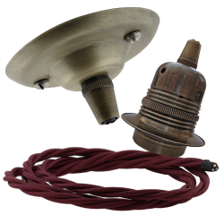 Antique Brass Ceiling Pendant Kit and E27 Lampholder with Rich Burgundy Flex Antique Brass Ceiling Pendant Kit and E27 Lampholder with Rich Burgundy Flex