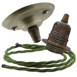 Antique Brass Ceiling Pendant Kit and E27 Lampholder with Green Flex