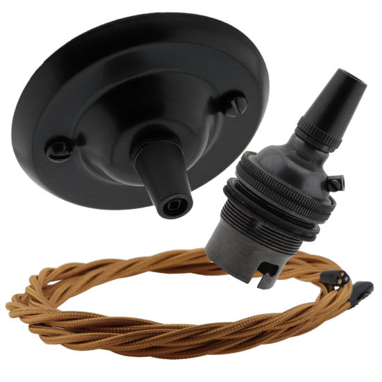Matt Black Ceiling Pendant Kit and B22 Bronze Lampholder with Antique Gold Flex Matt Black Ceiling Pendant Kit and B22 Bronze Lampholder with Antique Gold Flex