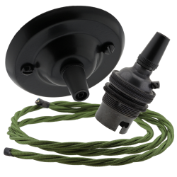 Matt Black Ceiling Pendant Kit and B22 Bronze Lampholder with Green Flex