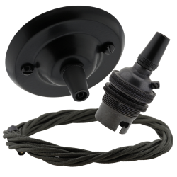 Matt Black Ceiling Pendant Kit and B22 Bronze Lampholder with Khaki Green Flex