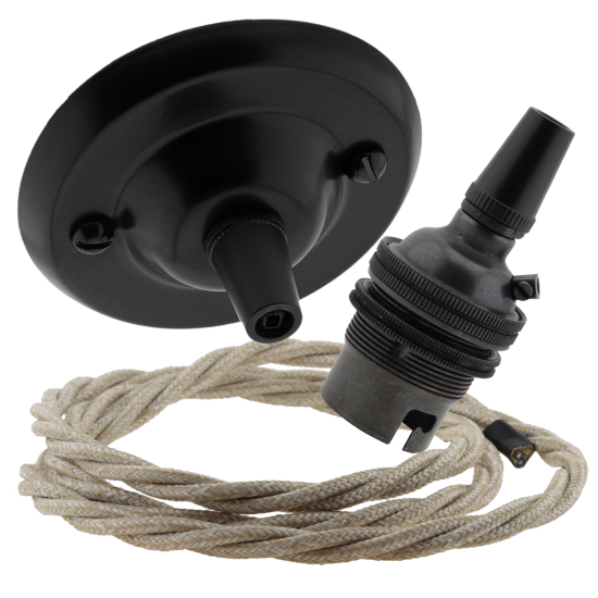 Matt Black Ceiling Pendant Kit and B22 Bronze Lampholder with Linen Flex Matt Black Ceiling Pendant Kit and B22 Bronze Lampholder with Linen Flex