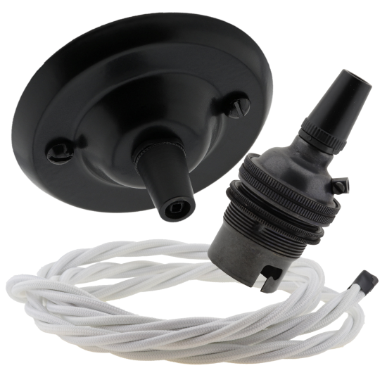 Matt Black Ceiling Pendant Kit and B22 Bronze Lampholder with White Flex Matt Black Ceiling Pendant Kit and B22 Bronze Lampholder with White Flex