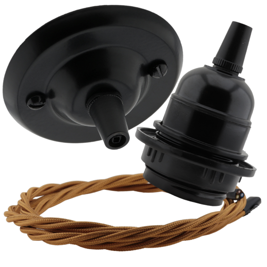 Matt Black Ceiling Pendant Kit and E27 Bakelite Lampholder with Antique Gold Flex Matt Black Ceiling Pendant Kit and E27 Bakelite Lampholder with Antique Gold Flex