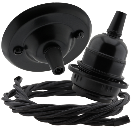 Matt Black Ceiling Pendant Kit and E27 Bakelite Lampholder with Black Flex Matt Black Ceiling Pendant Kit and E27 Bakelite Lampholder with Black Flex