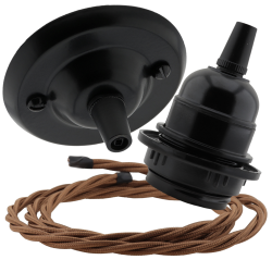 Matt Black Ceiling Pendant Kit and E27 Bakelite Lampholder with Bronze Flex
