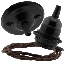 Matt Black Ceiling Pendant Kit and E27 Bakelite Lampholder with Mocha Brown Flex