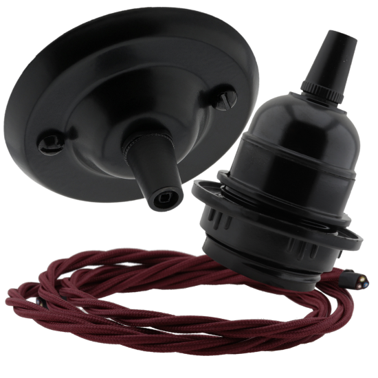 Matt Black Ceiling Pendant Kit and E27 Bakelite Lampholder with Rich Burgundy Flex Matt Black Ceiling Pendant Kit and E27 Bakelite Lampholder with Rich Burgundy Flex