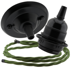 Matt Black Ceiling Pendant Kit and E27 Bakelite Lampholder with Green Flex